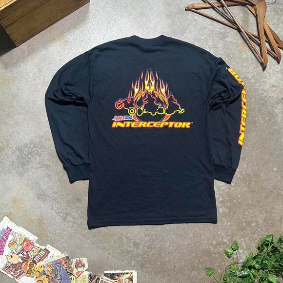 Vintage Y2K Interceptor Flame Graphic Biker Tee Mens Medium Double Sided Shirt - Picture 1 of 5